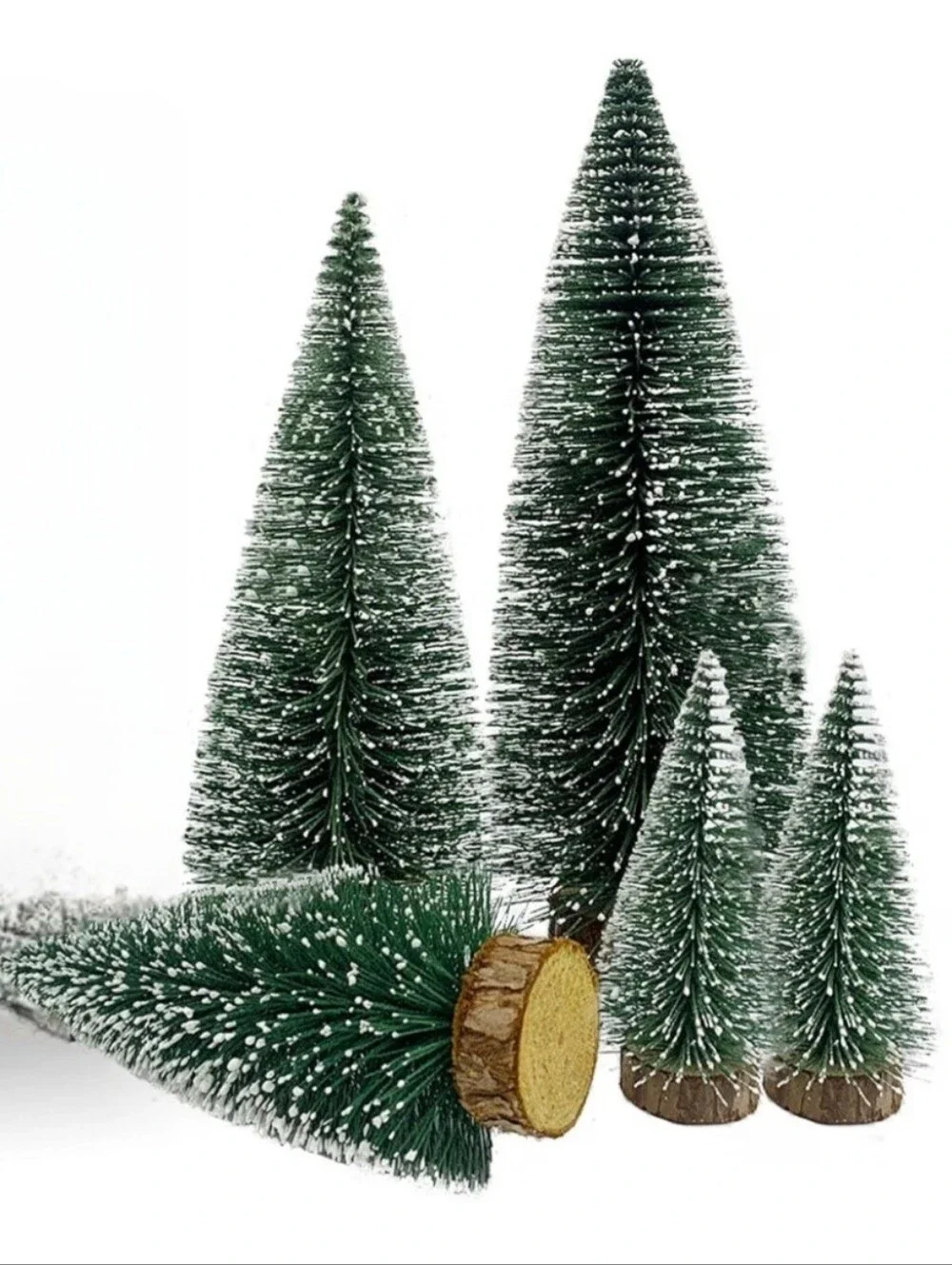 Green Snow-Tipped Bottle Brush Holiday Trees. 5 Piece Set. NWT.